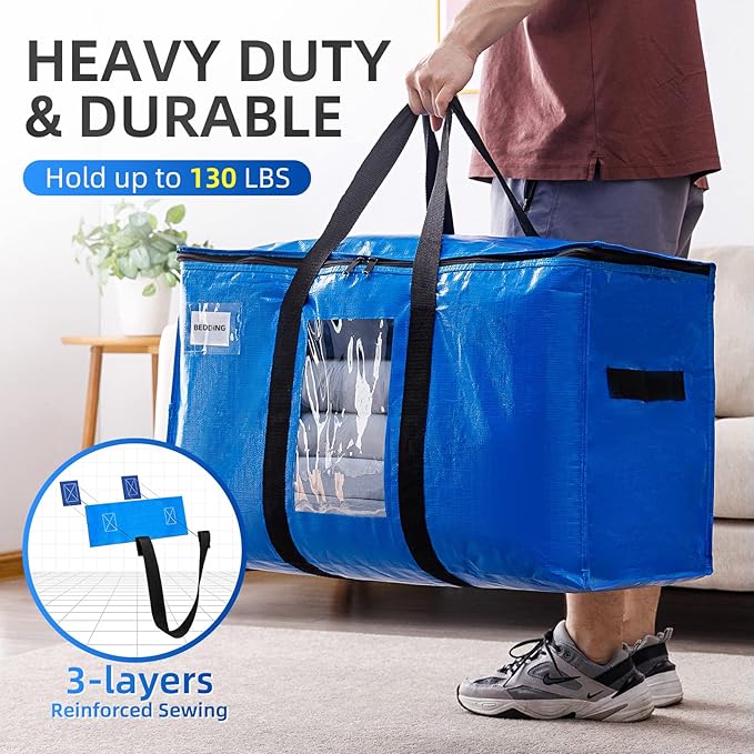 TAILI Extra Large Moving Bags, 6 Pack Blue Heavy Duty Totes for Storage with Visible Window, Wrap Around Handles, Storage Bags for Space Saving, Alternative to Moving Boxes