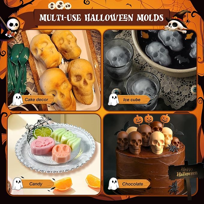 Halloween Skull Cake Pan & Pumpkin Silicone Molds Set – 6 Cavity 3D Skull Baking Pan + 6 Halloween Shape Silicone Molds (Pumpkin, Ghost, Bat) for Cakes, Chocolate, Candy, DIY Party Baking
