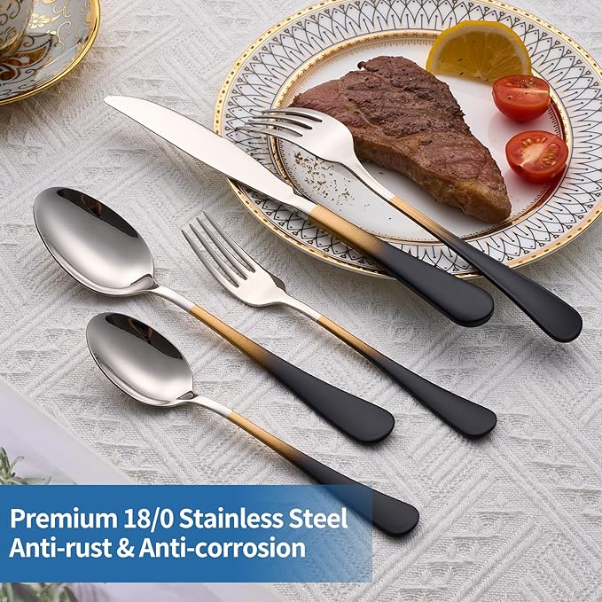 20-Piece Black Gold and Silverware Set, 18/0 Stainless Steel Colorful Handle Flatware Set,Service for 4,Modern Cutlery Set Includes Dinner Knives Forks Spoons,Mirror Polished,Dishwasher Safe