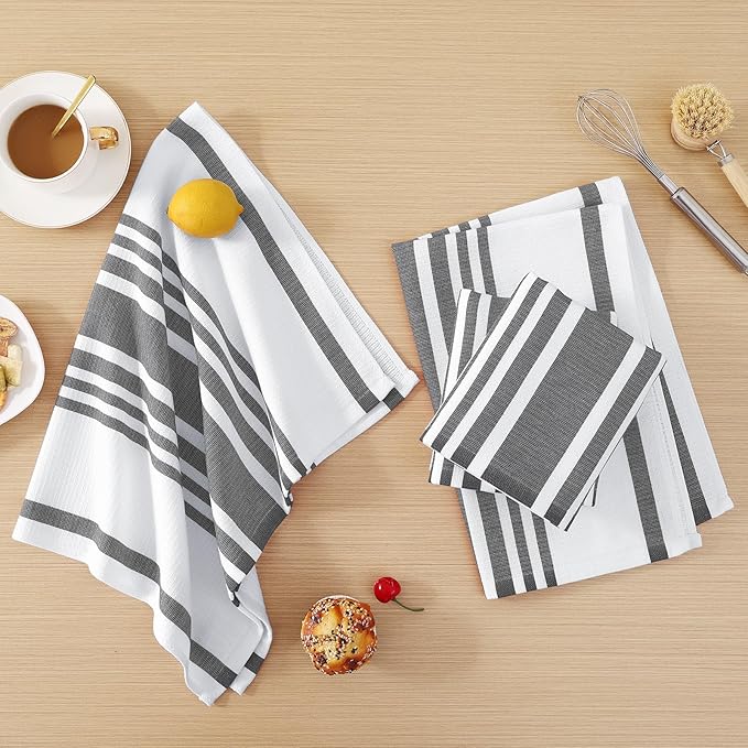 Homaxy Premium Kitchen Towels 18”x 28”, Large Cotton 380 GSM Kitchen Hand Towels, Stripe and Terry Dish Towel, Highly Absorbent Tea Towel Set with Hanging Loop, 12 Pack, Black