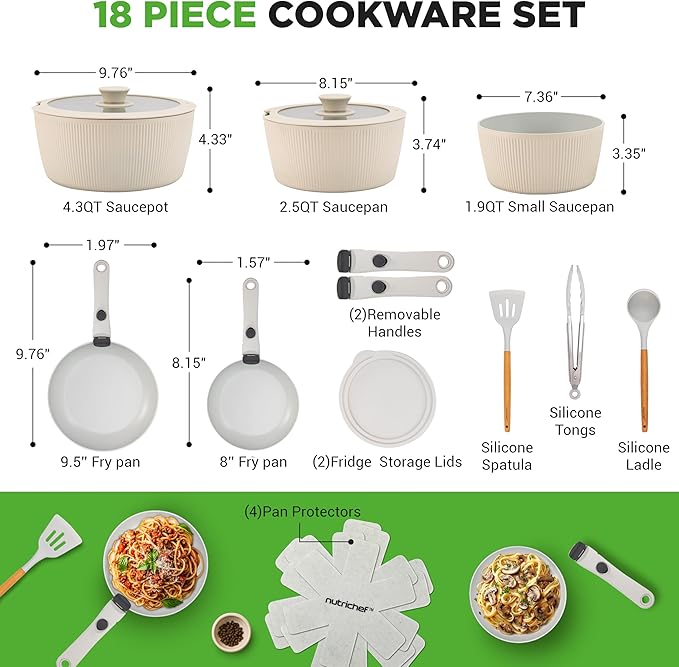 NutriChef 18-Piece Ceramic Cookware Set with Detachable Handles, Non Stick Pots and Pans, PTFE-Free Natural Ceramic Coating, Space-Saving Design, Oven & Stove Safe, Includes Utensils, Cream