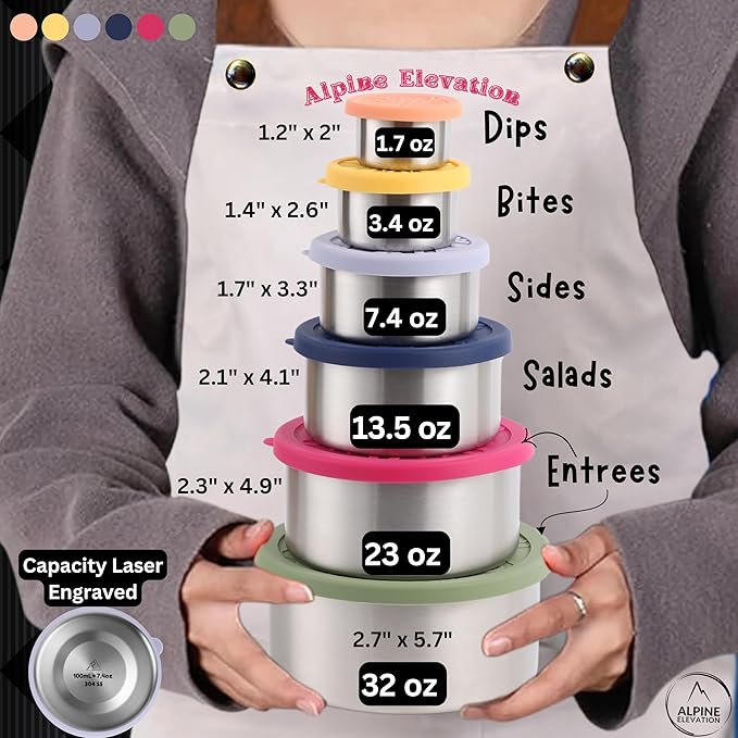 12 Pcs - 6 Stainless Steel Containers + 6 Silicone Lids | 304 Stainless Steel Snack Container | Nesting Snack and Dip Containers | Metal Food Storage