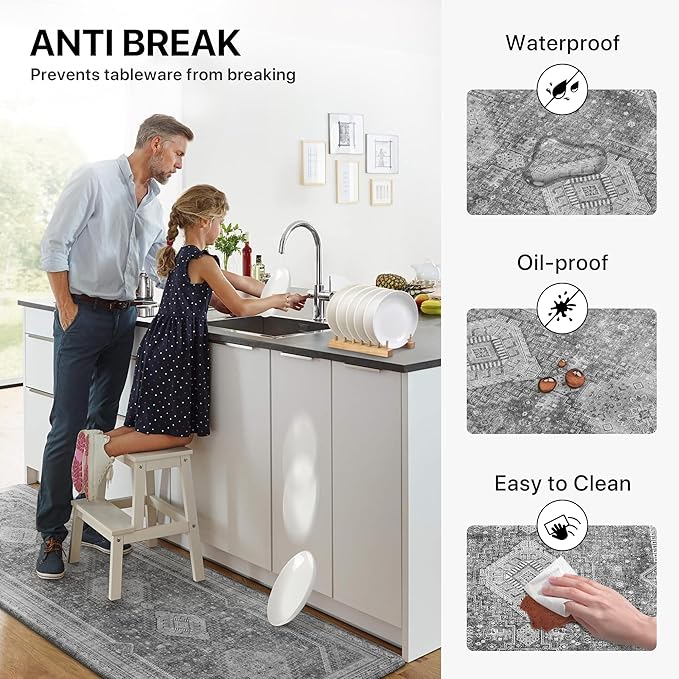 GENIMO Kitchen Mats for Floor 2PCs, Washable Anti Fatigue Mat for Cushioned, 17.3"x47"+17.3"x30", Waterproof Kitchen Rugs, Non Slip Comfort Standing Mat Rug for Home, Sink, Laundry, Grey