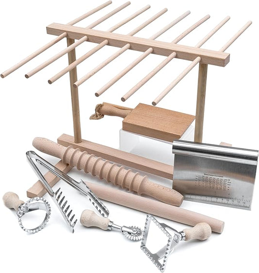 Ultimate 9 Pcs Pasta Making Tool Set Pasta Drying Rack, Pasta Tongs, Two Ravioli Stamp Maker Cutter And Roller Wheel Set, Two Pasta Rolling Pins, Gnocchi Board and Scraper By Cotswold Homeware Co