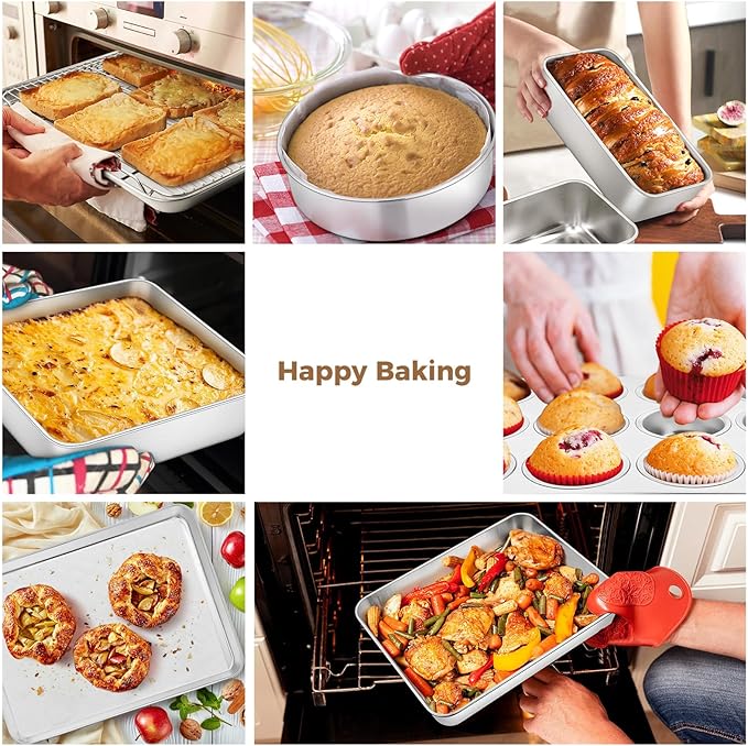 E-far 9-Piece Baking Pan Set, Stainless Steel Bakeware Sets for Sheet Cake Cookie Loaf Muffin, Include Baking Sheet, Round Square Rectangle Baking Pan & Cooling Rack, Dishwasher Safe