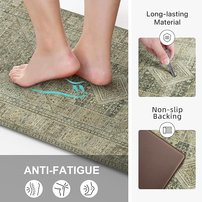 GENIMO Kitchen Mats for Floor 2PCs, Washable Anti Fatigue Mat for Cushioned, 17.3"x59"+17.3"x30", Waterproof Kitchen Rugs, Non Slip Comfort Standing Mat Rug for Home, Sink, Laundry, Tan