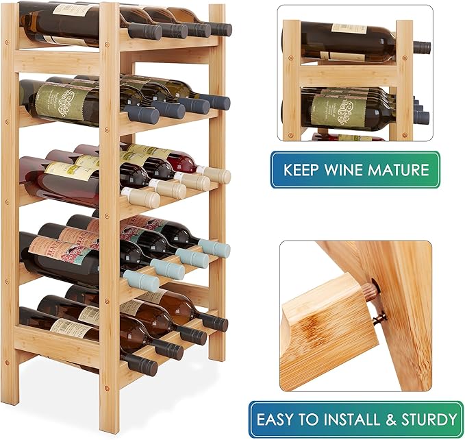 SMIBUY Bamboo Wine Rack, 20 Bottles Display Holder, 5-Tier Free Standing Storage Shelves for Kitchen, Pantry, Cellar, Bar (Natural)