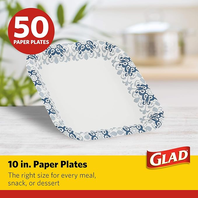 Glad Square Disposable Paper Plates, Blue Victorian Pattern - Strong, Sturdy, Soak Proof, and Microwavable Decorative Plates for Dinner and Everyday Use, 10 Inch, 50 Count