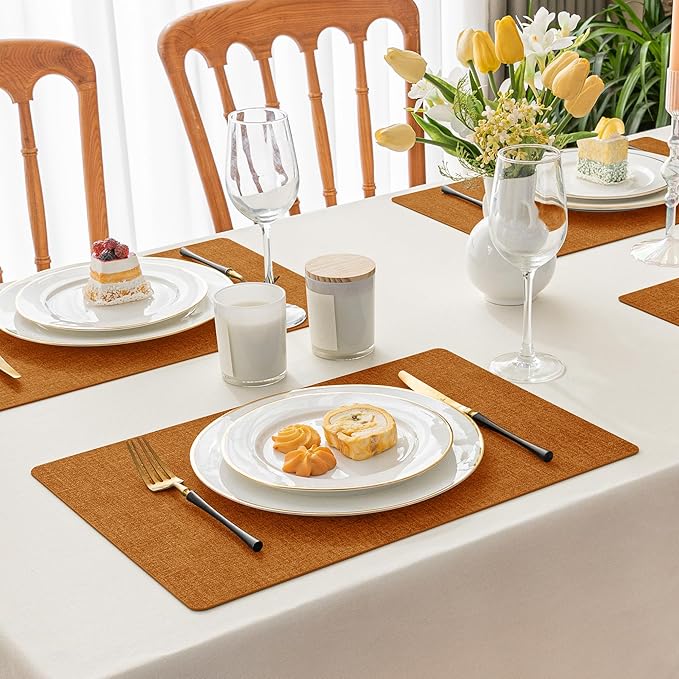 Romanstile Fall Vinyl Placemats Set of 4-12 X 18 Inch - Heat Resistant Place Mats 100% Waterproof Oilproof Wipeable Reversible Faux Leather Table Mats for Kitchen/Dining/Party/Outdoor, Orange