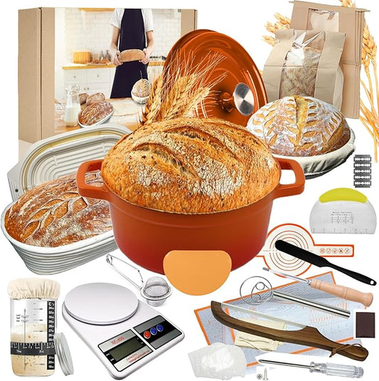 4 Color Complete sourdough bread makin Starter Kit,Sourdough Bread Baking Supplies for Beginner with Pot, Banneton Bread Proofing Baskets, Starter Jar, Scraper, Bread Making Tools & More (Orange)