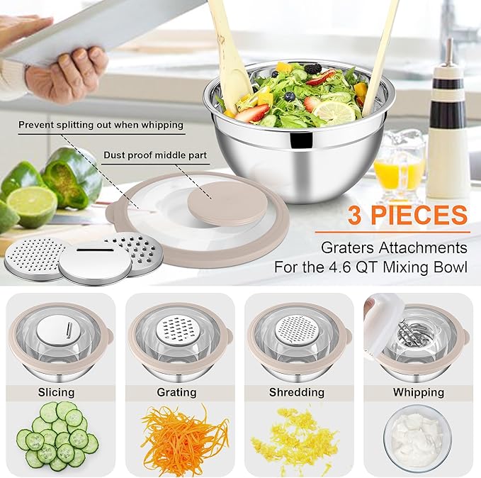 E-far Mixing Bowls Set of 5, Stainless Steel Salad Mixing Bowl with Transparent Lid, Metal Nesting Bowl Attach with 3 Graters for Kitchen Prepping/Serving/Baking/Storage, 4.6/2.6/1.5/1/0.7 QT - Khaki