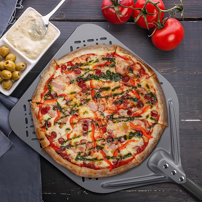 12 Inch Rectangular Pizza Peel, 12" x 14" Perforated Anodized Aluminum Pizza Turning Peel, Pizza Turning Paddle, 28.4 Inch Overall