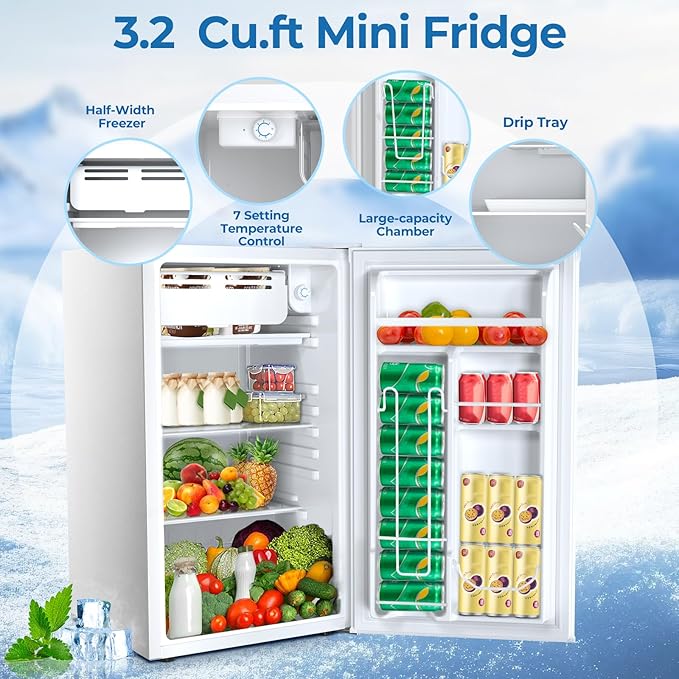 3.2 Cu.ft Mini Fridge with Freezer, Compact Refrigerator with Reversible Single Door, Adjustable Thermostat, Low Noise, Energy Efficient for Office, Dorm, Bedroom, Apartment (WHITE)