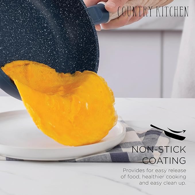 Country Kitchen Non-Stick Cast Aluminum Cookware Set - Durable Kitchen Cookware for Everyday Cooking, Navy Round Handle, 11 Pc.