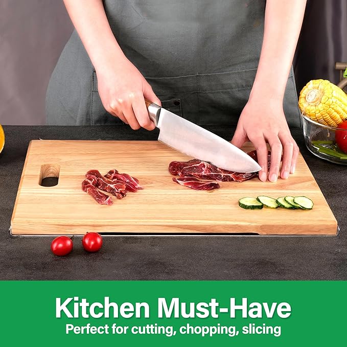 Wood Cutting Board for Kitchen with Built-in Stand, 40 x 30 cm Wooden Chopping Board Charcuterie Board for Cheese, Meat, Vegetables, Bread