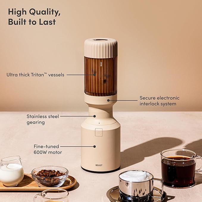 The Beast Mini Blender | Mini Countertop Kitchen Blender | Blend Smoothies and Shakes, Dressings, Sauces, Dips | Straw Cap and Straws Included | 600W (Sand)