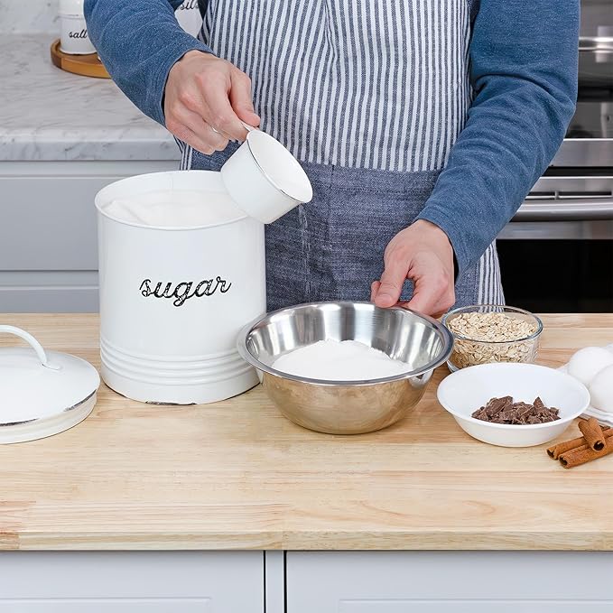 AuldHome Design Enamelware White Sugar Canister; Rustic Distressed Style Staples Storage for Kitchen