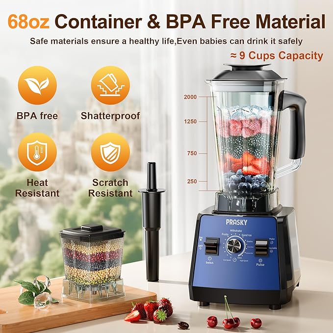 Professional Blender,Smoothies Blenders, PRASKY Max.2400Watts/1000Watts Blender and Grinder Combo 25000RPM Powerful Kitchen 68oz BPA Free 2 Containers Countertop Blenders Ice Crushing (Blue)