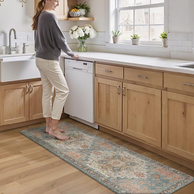 GENIMO Kitchen Mats for Floor, Washable Anti Fatigue Mat for Cushioned, 23.6"x71", Waterproof Kitchen Rugs, Non Slip Comfort Standing Mat Rug for Home, Sink, Laundry, Blue&Salmon