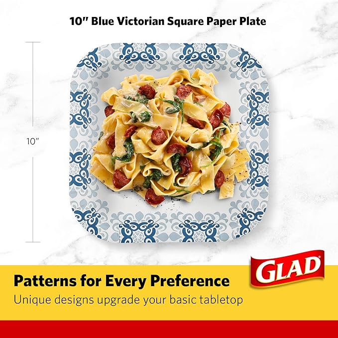 Glad Square Disposable Paper Plates, Blue Victorian Pattern - Strong, Sturdy, Soak Proof, and Microwavable Decorative Plates for Dinner and Everyday Use, 10 Inch, 50 Count