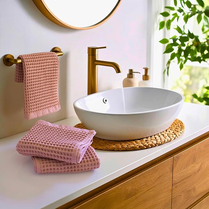 PÜSKÜL Organic Waffle Kitchen Towel 100% Turkish Cotton Set of 3 Pink - Premium Quality, Soft, Quick-Dry, Absorbent, Lint-Free Hand Towels 32X16 Inches (3, Pink Powder)