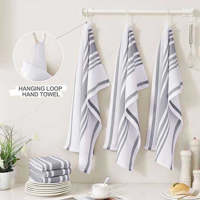 Homaxy Premium Kitchen Towels 18”x 28”, Large Cotton 380 GSM Kitchen Hand Towels, Stripe and Terry Dish Towel, Highly Absorbent Tea Towel Set with Hanging Loop, 6 Pack, Grey