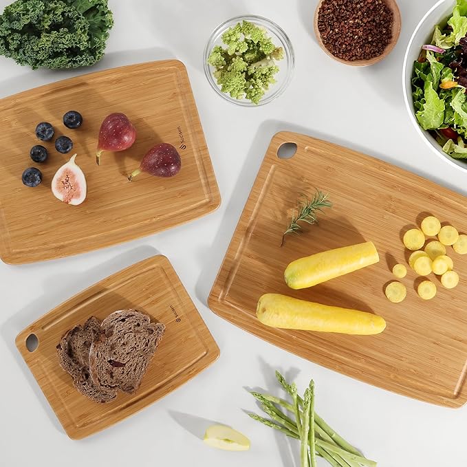 Lightweight Durable Bamboo Cutting Board Set with Non-Slip Feet, Wood Cutting Board for Busy Kitchen, Easy Clean Wooden Chopping Boards with Juice Groove Best House Warming Gift Set of 3 (S+M+L)