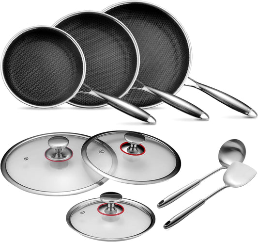 Lazycorner Pots and Pans Set Non Stick,Stainless Frying Pans Skillet with Lid Non toxic Healthy Kitchen Cookware Sets Induction Compatible