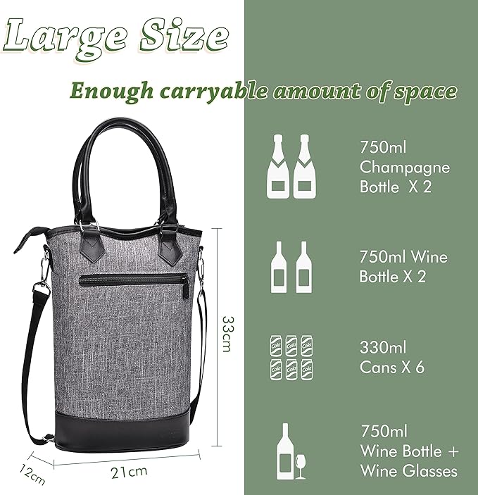 Tirrinia Insulated Wine Gift Carrier Tote - Travel Padded 2 Bottle Wine/Champagne Cooler Bag for Portable Wine Bottle Carrying Case, Women Men Event party, Gift for Wine Lovers