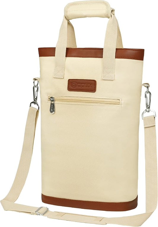 opux Two Bottle Wine Bag Carrier Tote, Insulated Leakproof 2 Bottle Wine Cooler Bag for Travel BYOB Picnic, Portable Wine Case, Gift for Men Women Wine Lover Birthday Party Christmas, Cream Beige
