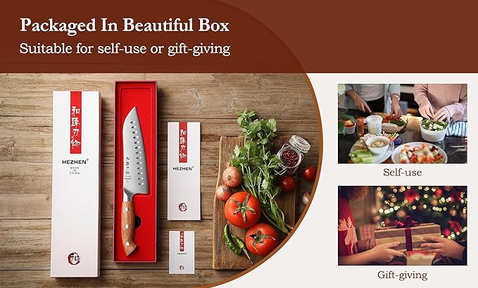 HEZHEN Santoku Chef Knife-7.3 inch Blade German DIN 1.4116 Stainless Steel-Full Tang-Red Wood Handle