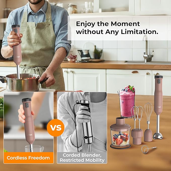 Rosewill 6-in-1 Multi-Speed Cordless Rechargeable Immersion Hand Blender, Heavy Duty Motor - Stick Blender, Beaker, Whisk, Chopper, Dual Beater, Milk Frother - For Smoothies, Baby Food, Soup (Mocha)