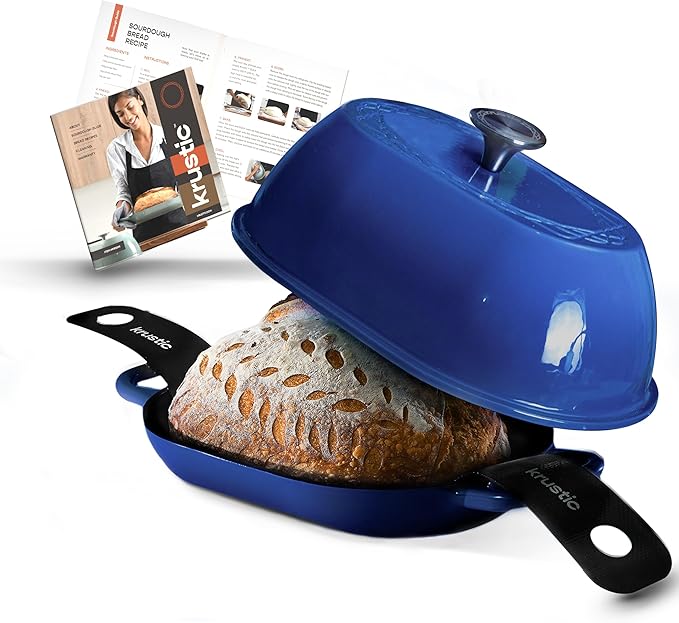 Enameled Cast Iron Dutch Oven for Professional Sourdough Bread Baking | 5.5 Quart Loaf Size Oval Cookware Pot with Lid | Triple-Layer Enamel Coating Pan with Non Stick Silicone Mat | Blue