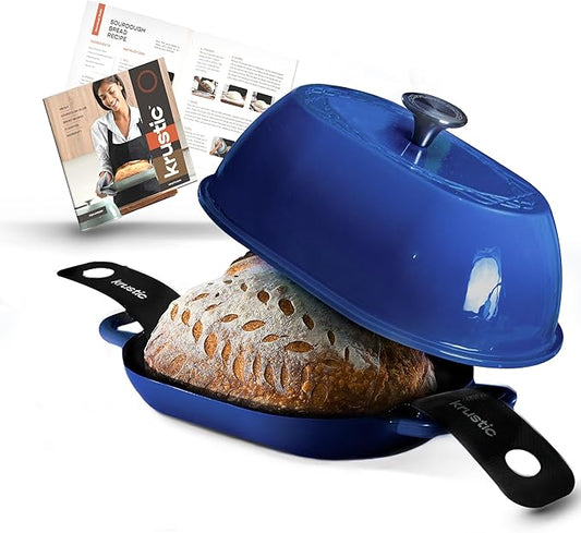 Enameled Cast Iron Dutch Oven for Professional Sourdough Bread Baking | 5.5 Quart Loaf Size Oval Cookware Pot with Lid | Triple-Layer Enamel Coating Pan with Non Stick Silicone Mat | Blue