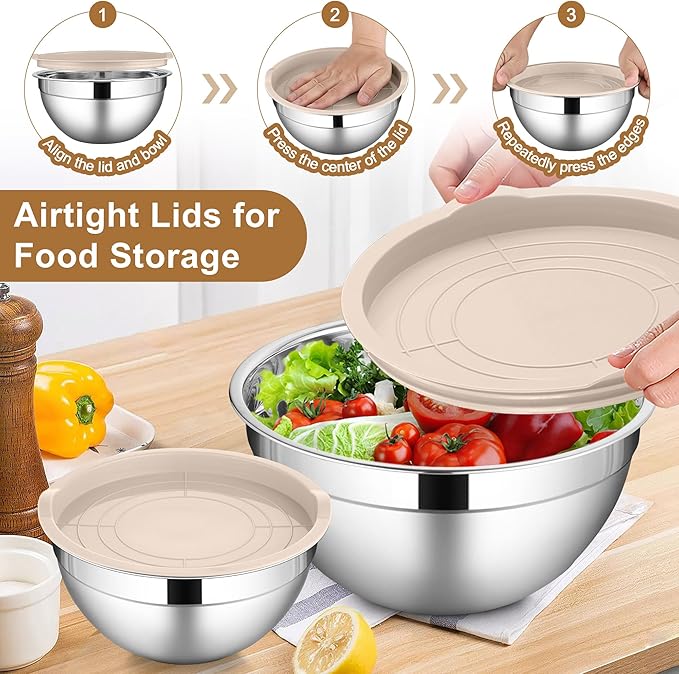 LIANYU 6 Piece Mixing Bowls with Lids Set, Size 7 & 3.5 & 2.5 & 2 & 1.5 & 1QT, Stainless Steel Cooking Serving Bowls, Metal Kitchen Nesting Bowl for Prepping & Food Storage, Dishwasher Safe, Khaki