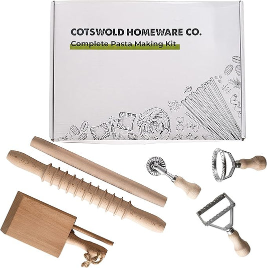 Complete 6 Pcs Pasta Making Tool Set Includes Two Ravioli Stamp Maker Cutter And Roller Wheel Set, Two Pasta Rolling Pins, Gnocchi Board By Cotswold Homeware Co