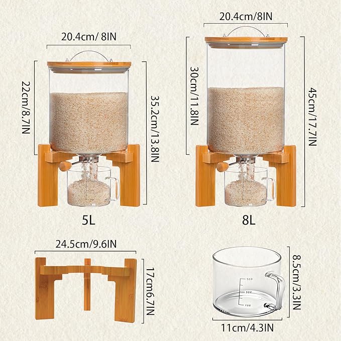 Rice Dispenser, Rice Storage Container, Flour and Cereal Container for Kitchen Organization and Pantry Store, Glass Cereal dispenser with Airtight Lid and Wooden Stand 5L