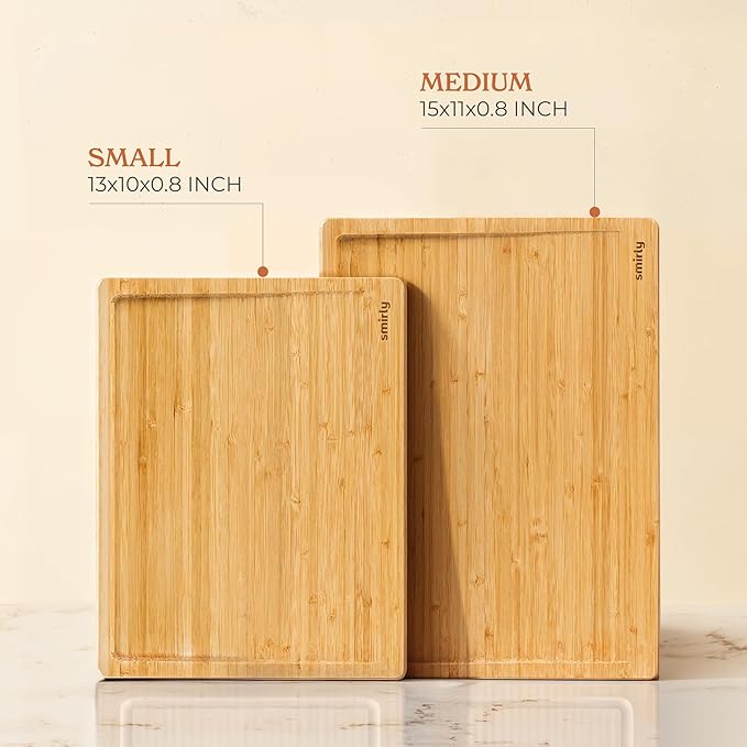 SMIRLY Bamboo Wooden Cutting Boards for Kitchen, Set of 2 Medium - Small, Bamboo Wood Cutting Board Set with Deep Juice Grooves, Non Toxic Serving Tray, House Warming Gifts