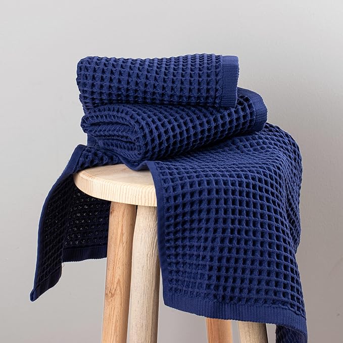 PÜSKÜL Organic Waffle Kitchen Towel 100% Turkish Cotton Set of 3 Navy Blue - Premium Quality, Soft, Quick-Dry, Absorbent, Lint-Free Hand Towels 32X16 Inches (3, Navy Blue)