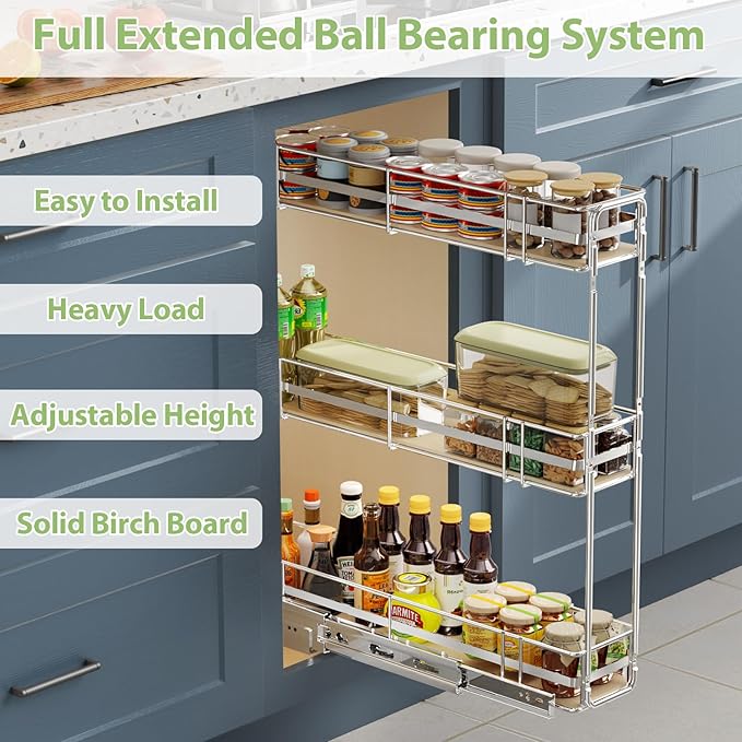 ROOMTEC 3-Tier Pull Out Cabinet Organizer Spice Rack for Narrow Cabinet 6" W x 20½" D, Slide Out Wood Shelves Storage for Kitchen