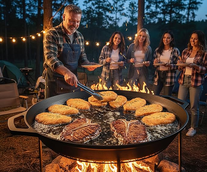 LI-GELISI 24-inch Pre-Seasoned Cast Iron Skillet - Dual Assist Handles - Nitrided Rust-Proof - For Oven, Stovetop, Grill & Campfire