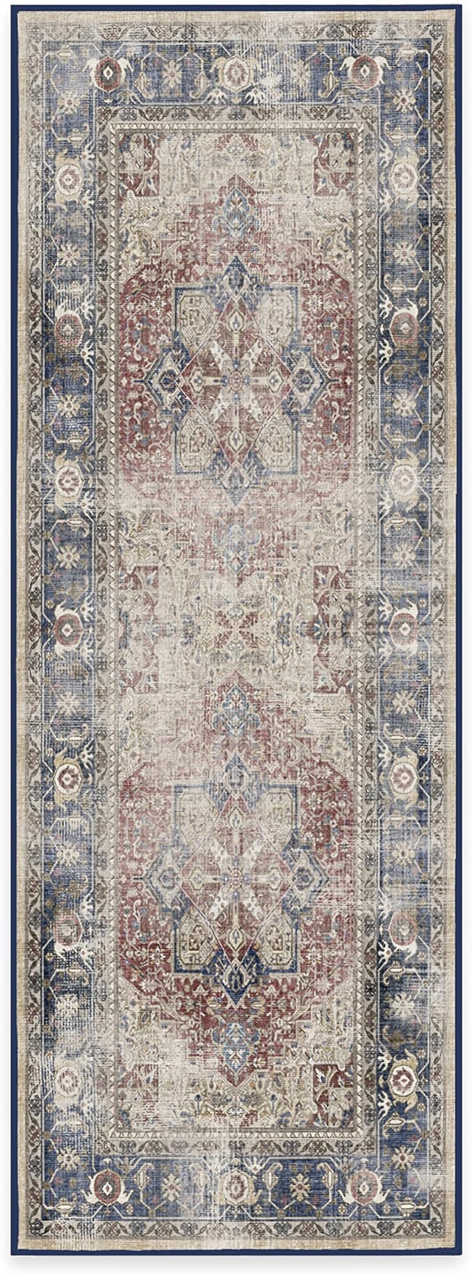 RUGGABLE Washable Vintage Runner Rug – Kamran Royal Blue 2.5x7, Stain-Resistant, Non-Slip Hallway Runner – Machine Washable Rug for Hallway, Entryway, Living Room & Kitchen–with Cushioned Pad