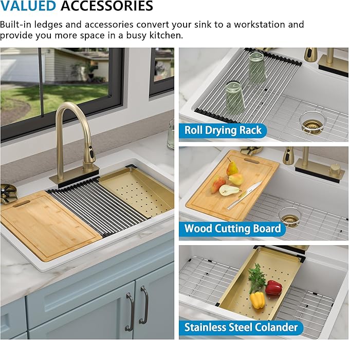 33"x22" Waterfall Kitchen Sink Workstation - White Granite Composite Quartz Classic Drop In Topmount Single Bowl Multifunction Smart Waterfall Sink with Faucet Combo & Glass Rinser