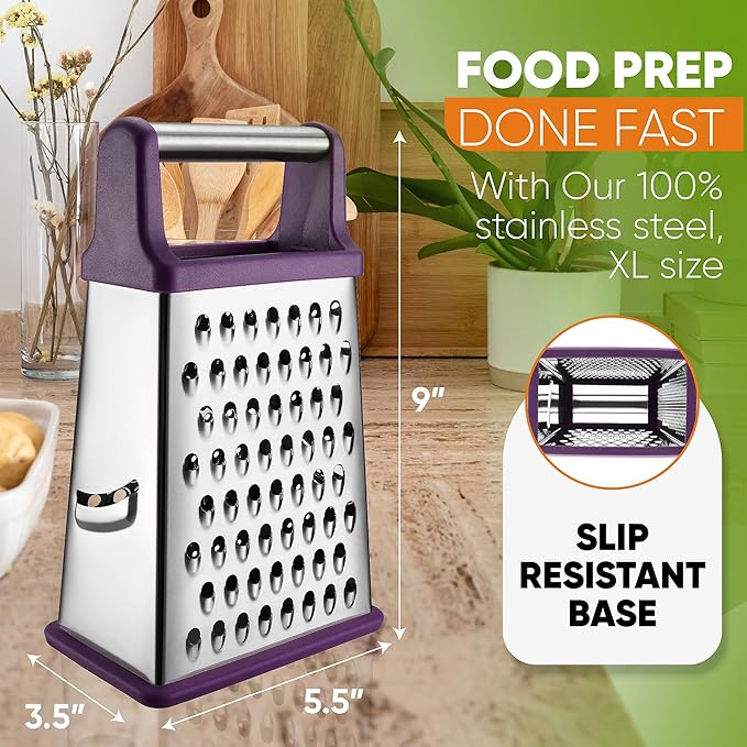 Spring Chef Purple Professional Stainless Steel XL Parmesan Cheese Grater with Handle - Manual Box Grater for Kitchen, 4 Sides, Dishwasher Safe Food Shredder for Vegetable, Potato, Hard Cheese, Carrot