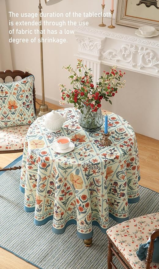 French Tablecloth for Round Tables,Linen Table Cloth with Colorful Flowers and Leaves Pattern,Heavy Durable Table Cover for Dining Thanksgiving Kitchen Decor Party Christmas,55"*55"