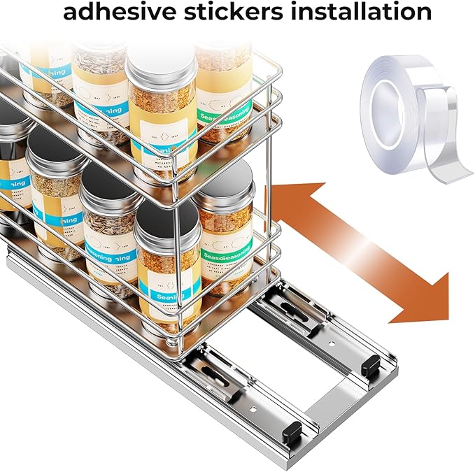 Pull Out Spice Rack Organizer for Cabinet, Slide Out Spice Racks, Easy to Install, 4.0''Wx10.35''Dx8.26''H, 1 Drawer 2 Tiers(Silver)