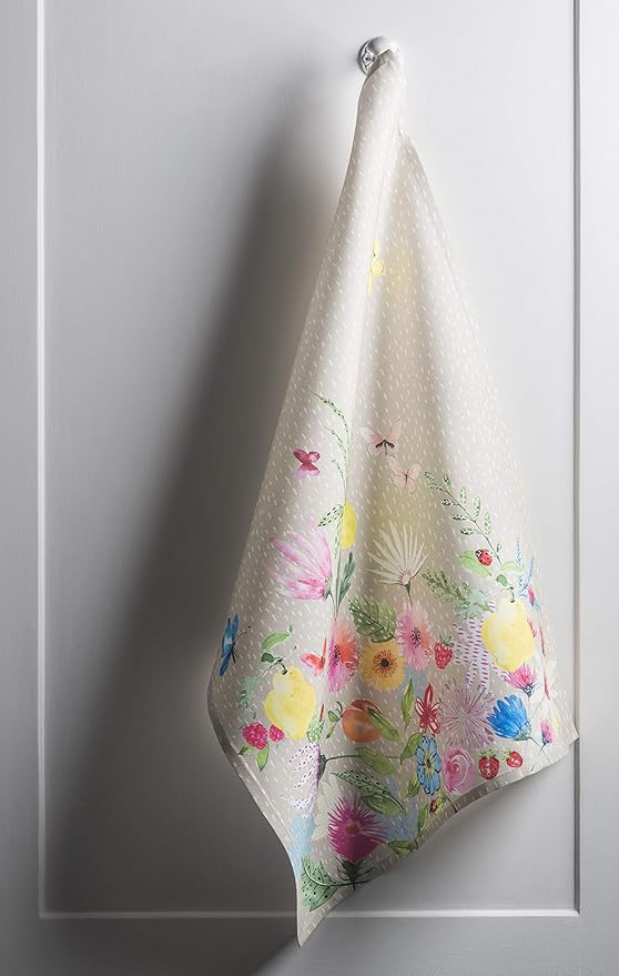 Maison d' Hermine Kitchen Towels Set of 2 100% Cotton 27.50" x 20" Reusable Cloth Tea Dish Towels Absorbent with Hanging Loop for Kitchen, Dining, Cocktail Parties Spring/Summer (Jardin D'Ete - Fog)