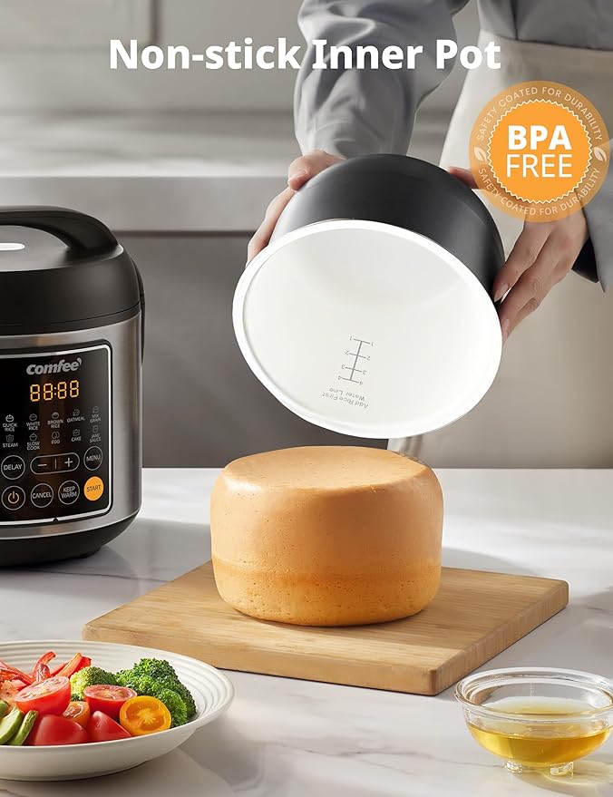 COMFEE' Rice Cooker, 4 Cups Uncooked, 8 Cups Cooked Slow Cooker, 2 Qt Small Multicooker with 10 Presets, Steamer & Grain Cooker, Non-Stick Inner Pot