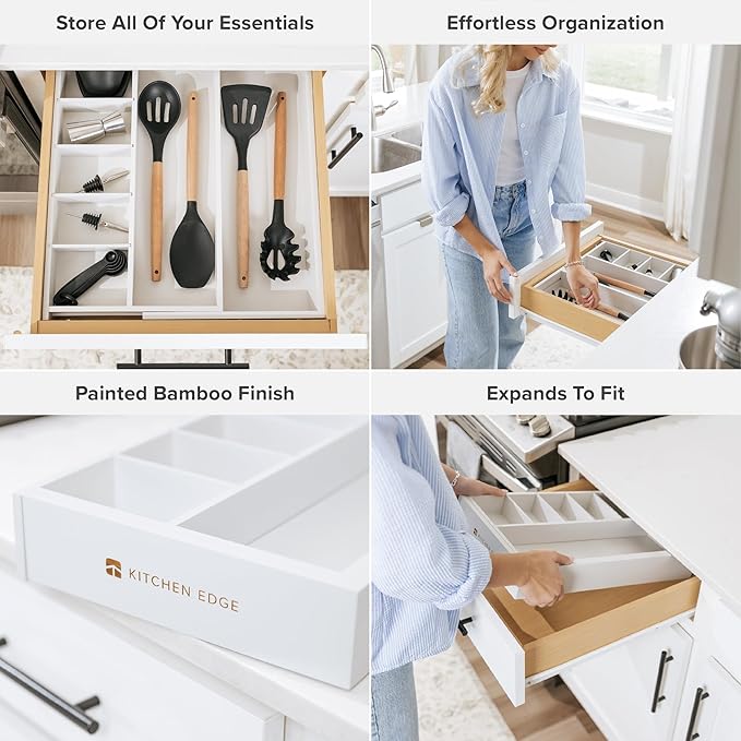 KitchenEdge Adjustable Kitchen Drawer Organizer for Utensils and Junk, Food-Safe Contract Grade with 100% Sustainable Wood, Expandable from 10.5 to 19 Inches Wide - White Bamboo