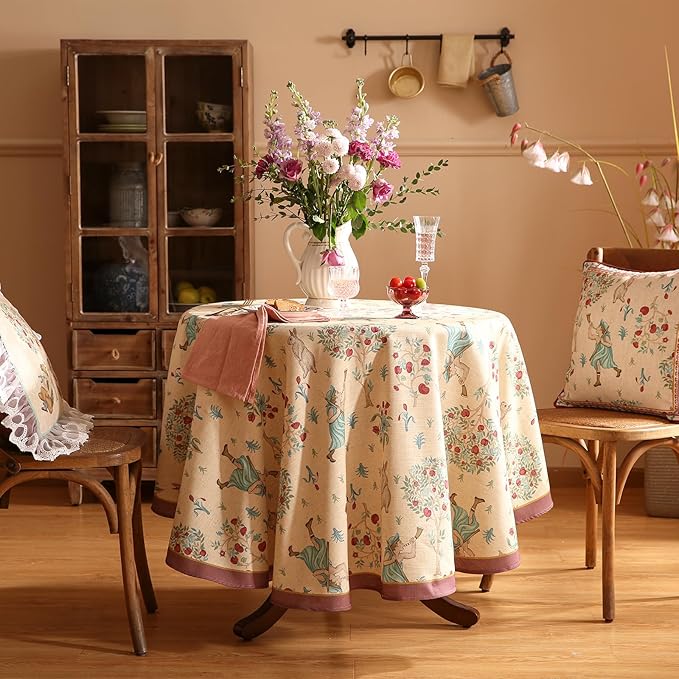 patdrea Designer Beige Tablecloth for Round Tables,Vintage Elegant French Linen with Trees and Kid Pattern Table Cloth,Farmhouse Table Cover Cloth Decor for Kitchen Dining Christmas,Diameter 55"